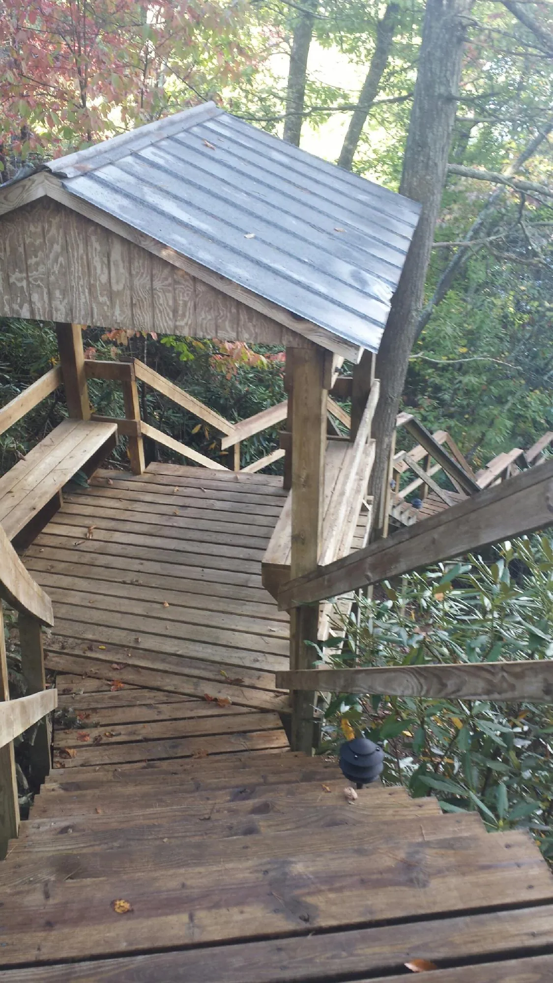 Metal roofed shelter over wooden steps on a wooded walkway — Skylight Repair & Installation work by our crew in Cokato
